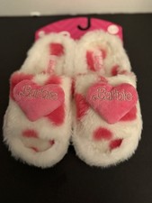 NWT Barbie Skinnydip White/Pink Faux Fur Heart Slippers Slides girls size 2/3