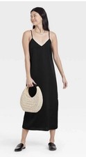 A NEW DAY SLIP DRESS BLACK LONG FLARE V-NECK SPAGHETTI ADJUSTABLE STRAPS SZ M