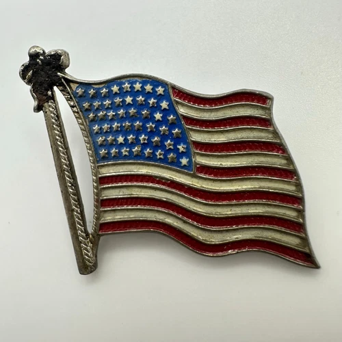 1940s vintage 48 stars American flag patriotic red white blue enamel brooch