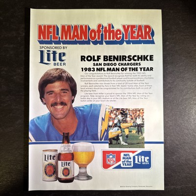 1984 MILLER LITE   ROLF BENIRSCHKE   Chargers Print Ad   Original   1980s  ADV36