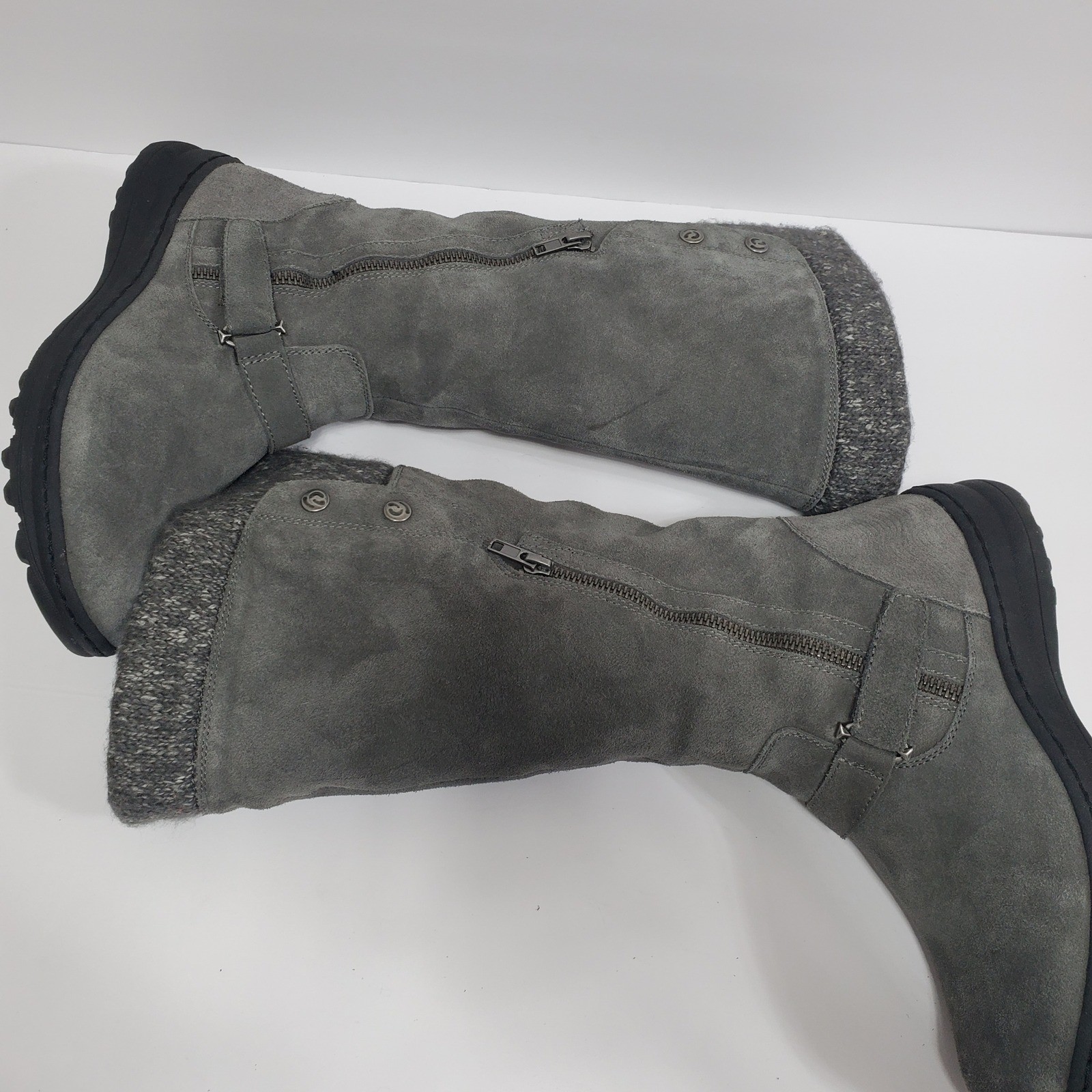 Baretraps Womens 9 Gray Suede Knit Cuff Boots Side Zip Buckle Detail Winter Warm