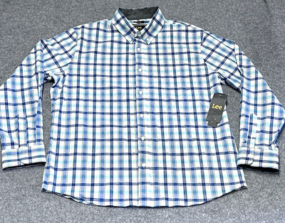 Lee Shirt Men's Large Blue Plaid Western Rodeo Long Sleeve Stretch Regular NWT
