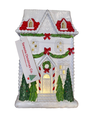 #ad Sarasota Christmas white red bow green tree light up house resin Decor New $46.80