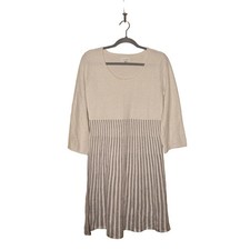 CALVIN KLEIN $128 Lurex Flare A-line Sweater Dress Ivory Gray Stripe Medium