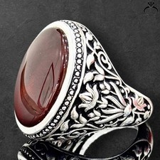 Natural Red Yemeni Aqeeq Ring 925 Silver Men's Handmade Islamic Agate Jewelry