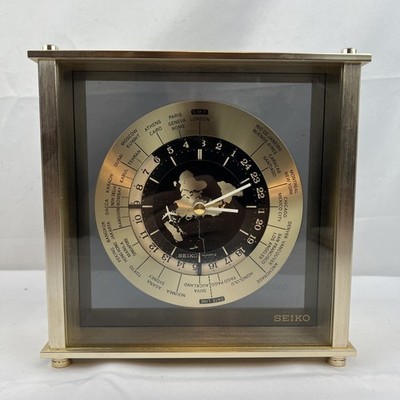 SEIKO JAPAN ANALOG BESPOKE PLANE GMT WORLD TIME DESK MANTLE CLOCK QQZ885A, WORKS