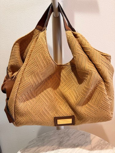 Valentino Garavani Beige Woven Fabric Shoulder Bag Leather Handle From Japan
