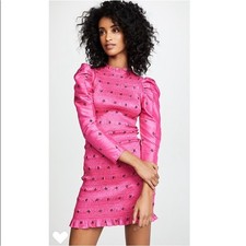 Ulla Johnson Fuschia pink black taffetta Aurele smocked mini dress 6