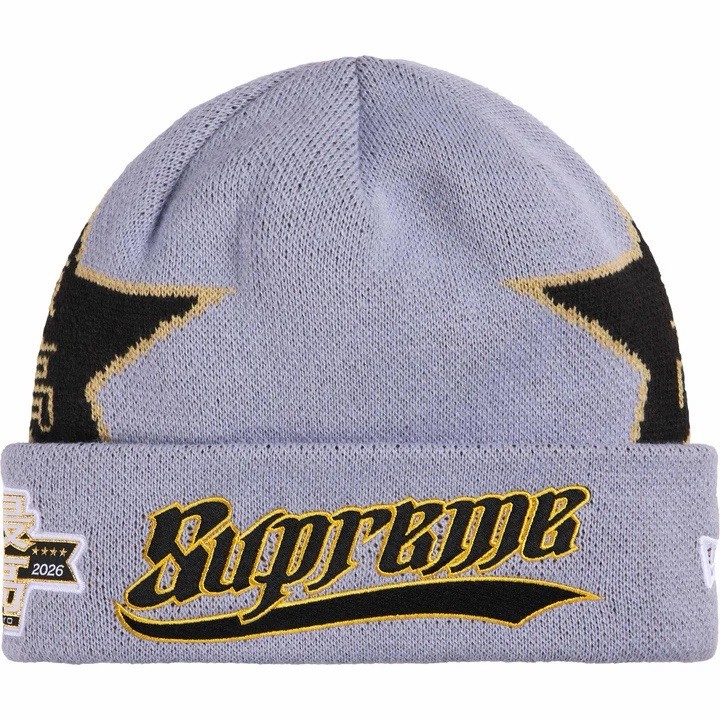Supreme SS26 New Era Stars Beanie Woven Patches Logo Lavender NEW