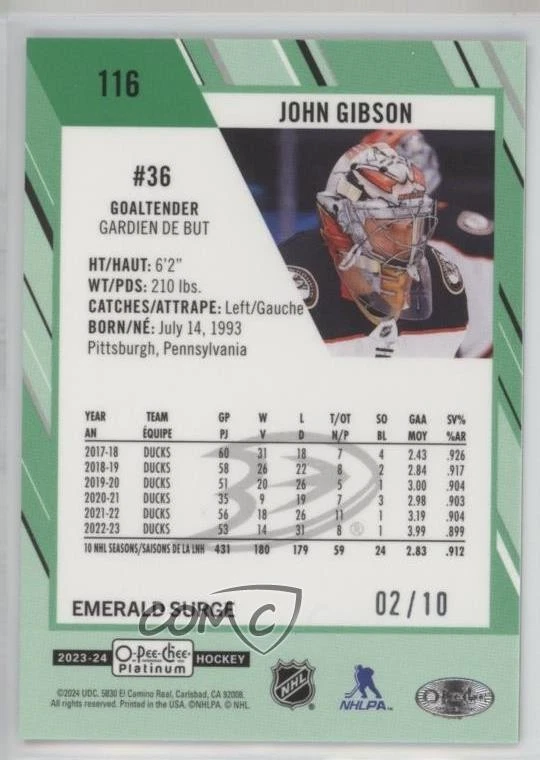 2023-24 O-Pee-Chee Platinum Emerald Surge /10 John Gibson #116 - Image 2 of 2