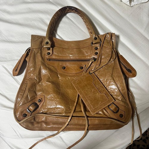 BALENCIAGA The First City Leather Handbag Brown Beige Tote Mirror Tag Stud Bag