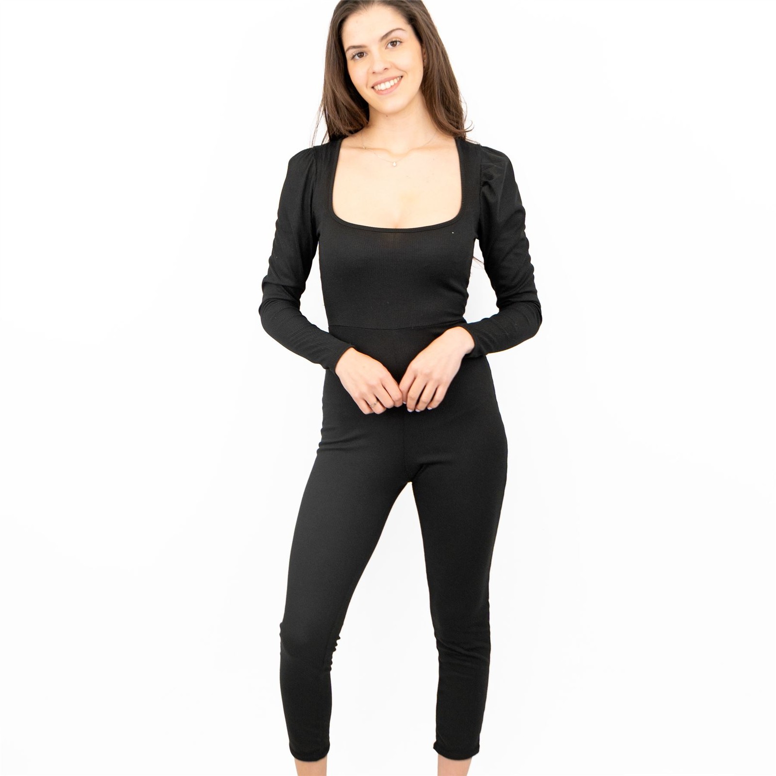 Misspap Jumpsuit Womens Ribbed Puff Shoulder Long Sleeve Black Skinny Cropped