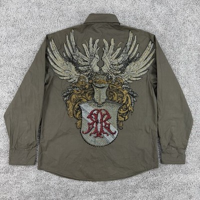 Roar Embroidered Shirt Men s 2XL Green Long Sleeve Button Up Grunge Embellished