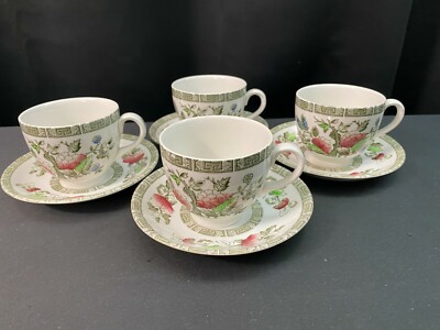 Ridgway Oriental ''TREE'' Greek Key Border ~ Set of 4 ~ Cups & Saucers ~ 2 3/4'' Ta