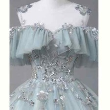 Elegant Light Green Princess Prom Dress Shiny Flowers A-Line Floor Length Tulle