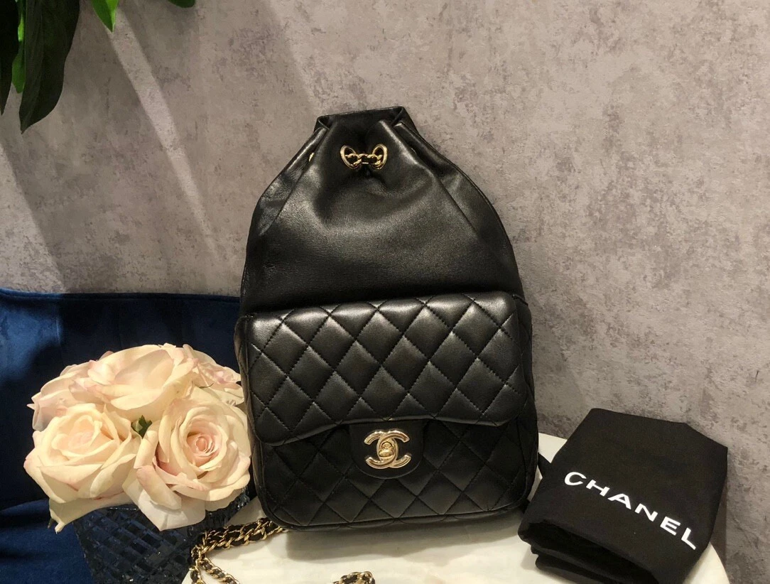 CHANEL CC LOGO BLACK SEOUL QUILTED LEATHER POCKET BACKPACK GOLD HW  DRAWSTRING