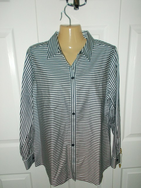 Chico's Women's Navy Blue & White Striped Button-Down Blouse Shirt - Size Medium | eBay