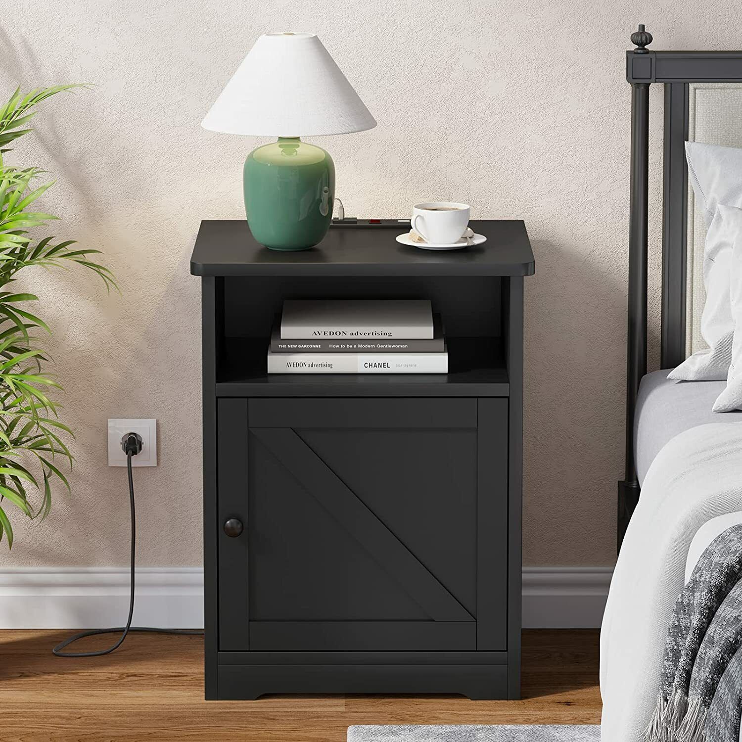 Black End Table Side 【国内正規品】 Stand Cabinet 充実の品 for 2 Nightstands Bedroom USB