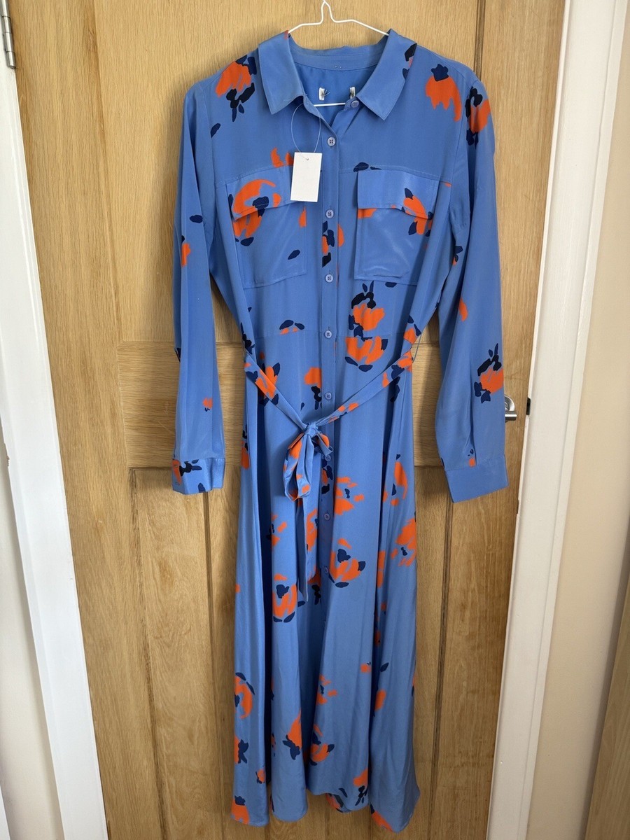 Whistles Elfrida Bud Print Silk Shirt Dress UK 10 Blue Multi Belted Midi  RRP 299