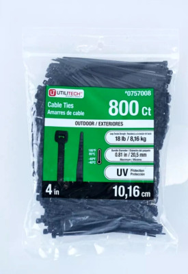 Utilitech 800 Ct. Zip Tie 4'' Outdoor Cable Ties - 18 lb strength, UV Protection