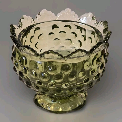 3” Fenton Avocado Green Scalloped Hobnail Taper Candle Holder with Flower Bowl