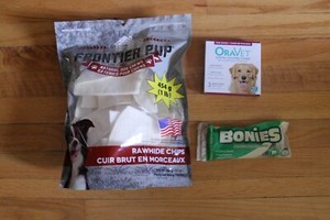 Dog rawhide chips, bonies, oravet chews