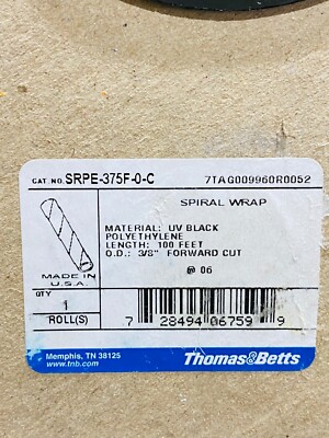 Rouleau Gaine Spirale Thomas & Betts 3/8" X 100 Pieds - Noir, Polyéthylène, SRPE-375F-0-C