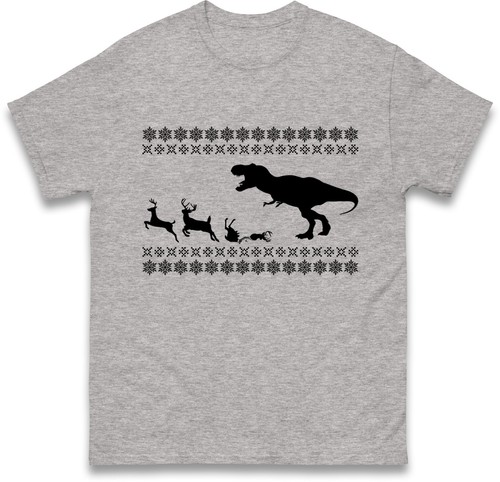 Funny T-Rex Ugly Christmas T Shirt,Dinosaur Chasing Reindeer Unisex Tee,Xmas Top - Picture 8 of 11