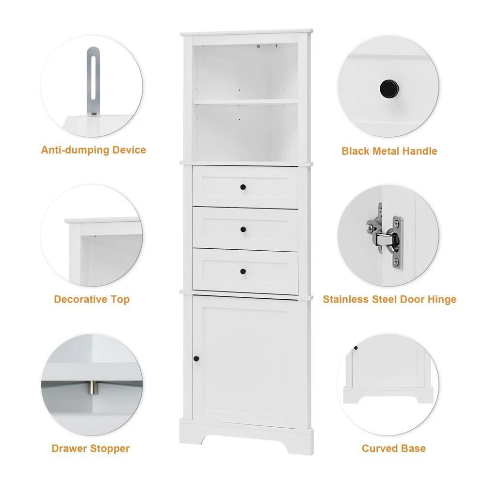 White Triangle Tall Cabinet with 3 Drawers and Adjustable Shelves