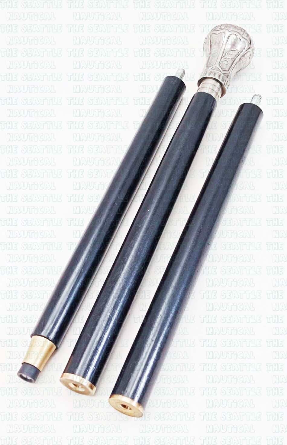 Antique Solid Silver Brass Knob Head Handle Woode… - image 3