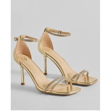 Windsor Gold Metallic Rhinestone Square Toe Stiletto Ankle Strap Heels Size 8.5