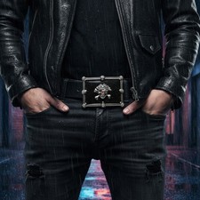 Men Women Silver Metal Belt Buckle Big Square Skull Skeleton Black Pirate Bones