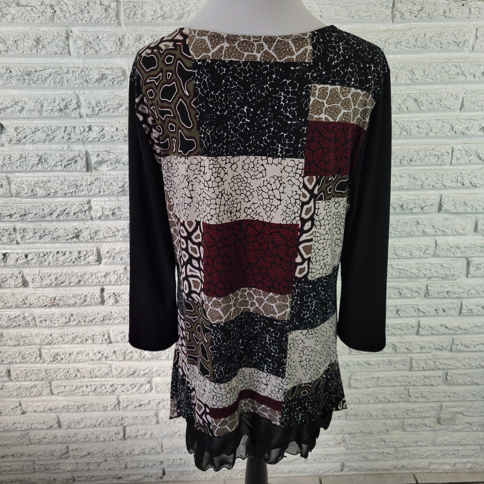 Style Co Womens Top XL Tunic 3/4 Sleeve Black Red Geometric Chiffon Hem Casual