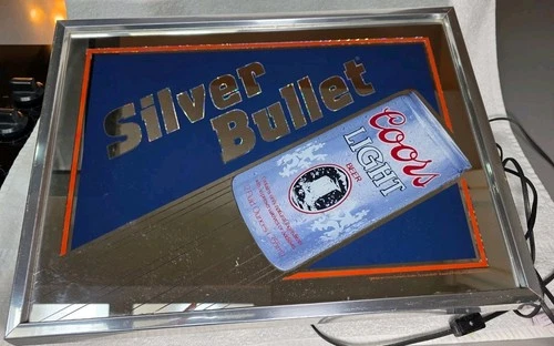 Vintage 1988 Coors Light Silver Bullet Beer Sign Lighted Bar Mirror Light 19x14”