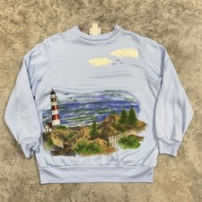 Vintage Blair Sweatshirt Womens Medium Blue Crewneck Lighthouse Coastal 90s