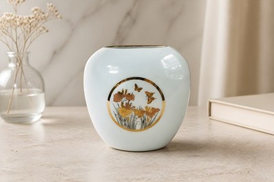 Japanese Chokin art vase decorated with irises and butterflies 4  Tall 
