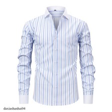 Mens Dress Shirts Formal Business Long Sleeves Elastic Striped Casual Shirts Top