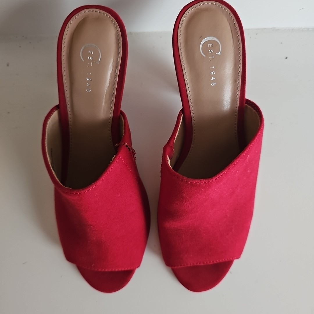 COMFORT Red Suede Slip On Slide HEEL Sandals 7 OPEN TOE Cone Heel ...
