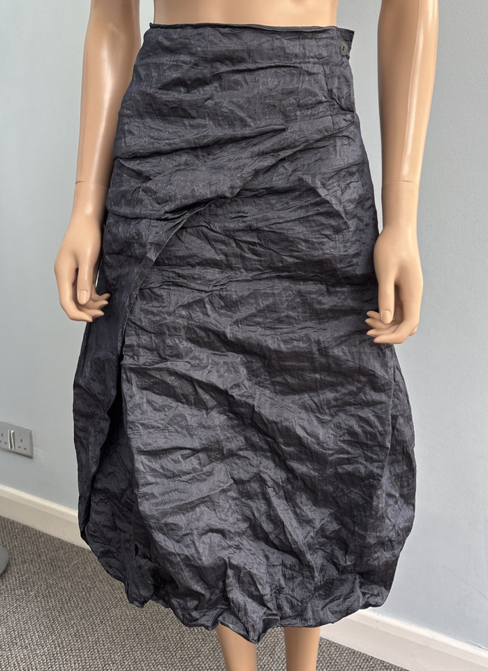SARAH PACINI Black Asymmetric Crinkled Taffeta Bubble Hem Boho Midi Skirt Sz 3 L