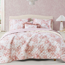 Quilt Set Queen Size, Dusty Rose Floral Quilt Sets, Reversible Bedspread Lightwe