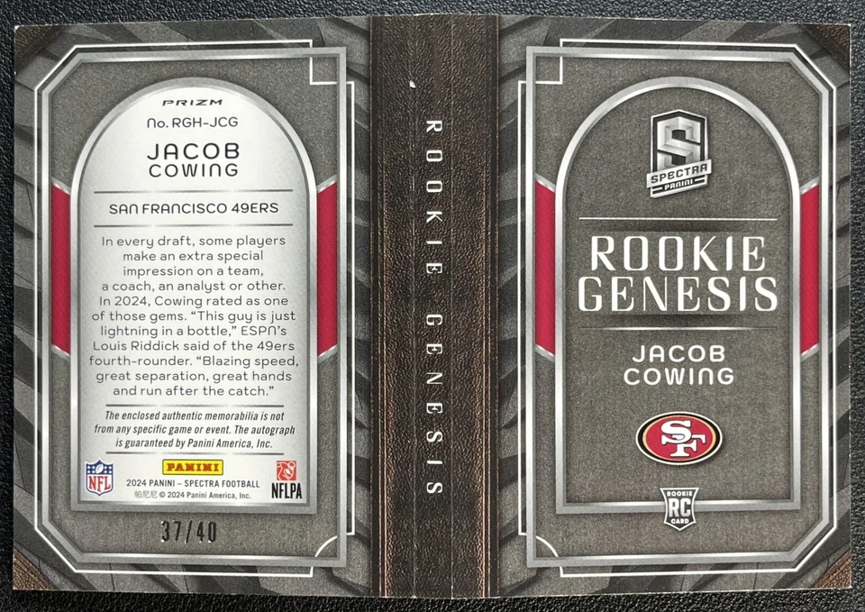 JACOB COWING 2024 SPECTRA ROOKIE GENESIS HYPER BLACK LIGHT PATCH AUTO 37/40 - Image 2 of 2
