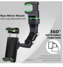 Rearview Mirror Phone Mount Holder for Car, 360° Rotating, Multifunctional Mount