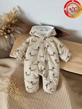 Newborn Baby Boys Girls Winter Hooded Zip Warm Dachshund Dog Printed Jumpsuit