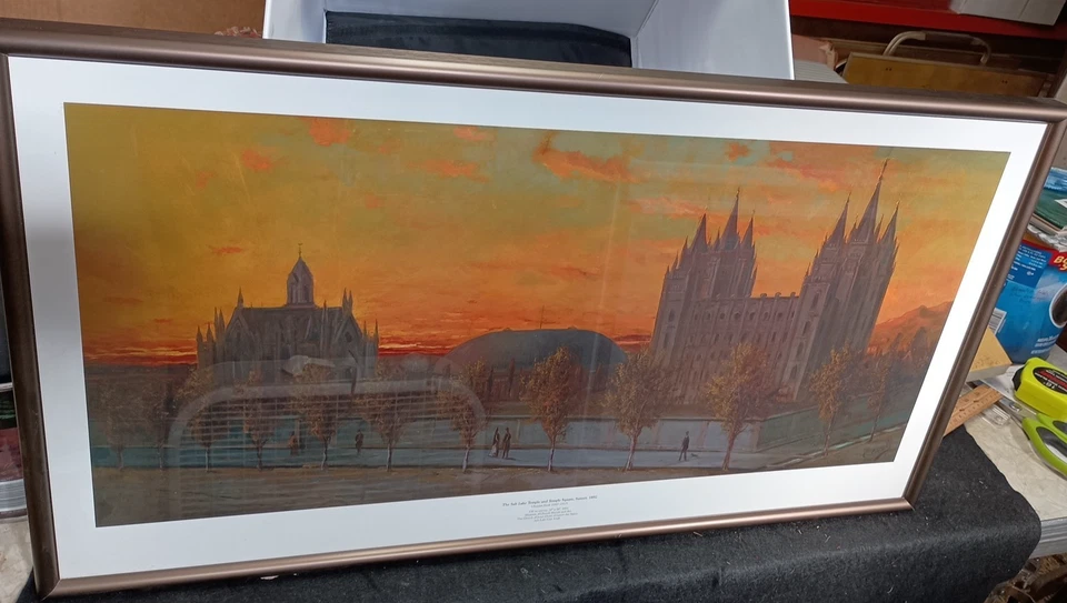 Mormon Salt Lake City Temple Square Sunset 1892 Aluminum Framed Glass 30" x 16" - Image 4 of 4