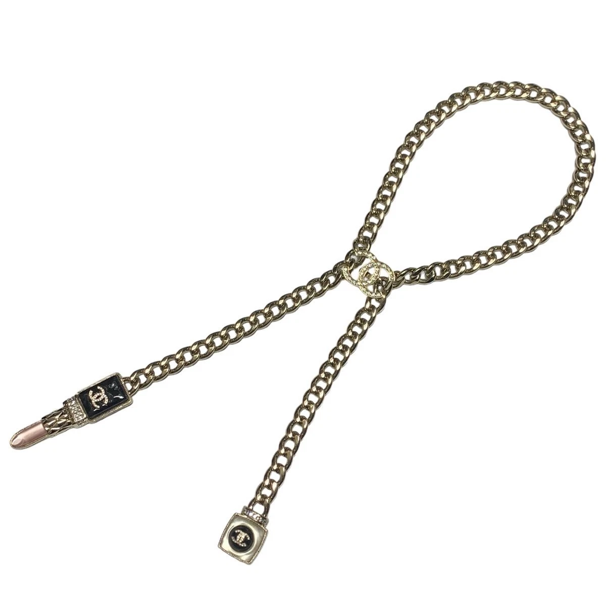 Collana CHANEL usata rossetto marchio cocco catena ciondolo girocollo cosmetici strass