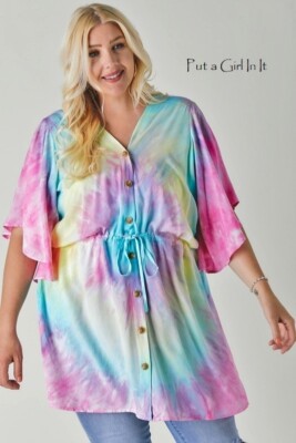 New PLUS SIZE Womens PINK PASTEL MULTI TIE DYE BUTTON DOWN SHIRT TUNIC 1X 2X 3X