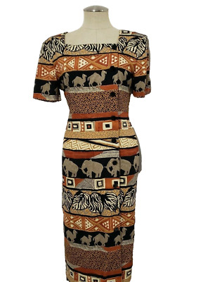 John Roberts decorative Buttons Dress Elephants & Camel pattern Made in USA 6