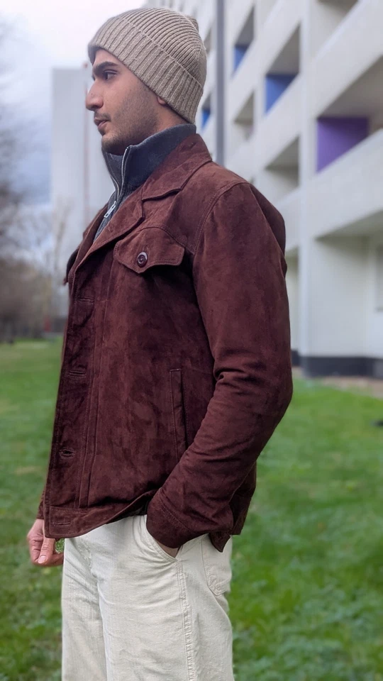 Brown Suede Leather Jacket Men 100% Pure Suede/Trucker Coat Jacket - Image 3 of 4