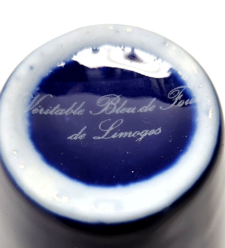 Mini florero de porcelana francesa Limoges azul cobalto dorado escena romántica - Imagen 6 de 6