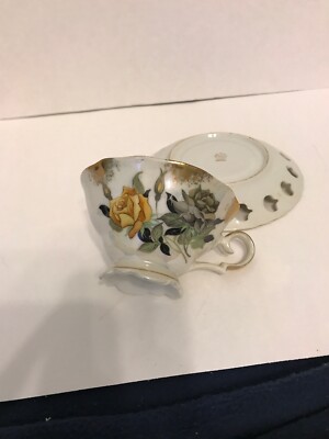 Vtg Lusterware Tea Cup and Saucer Reticulated Yellow / Gray Rose